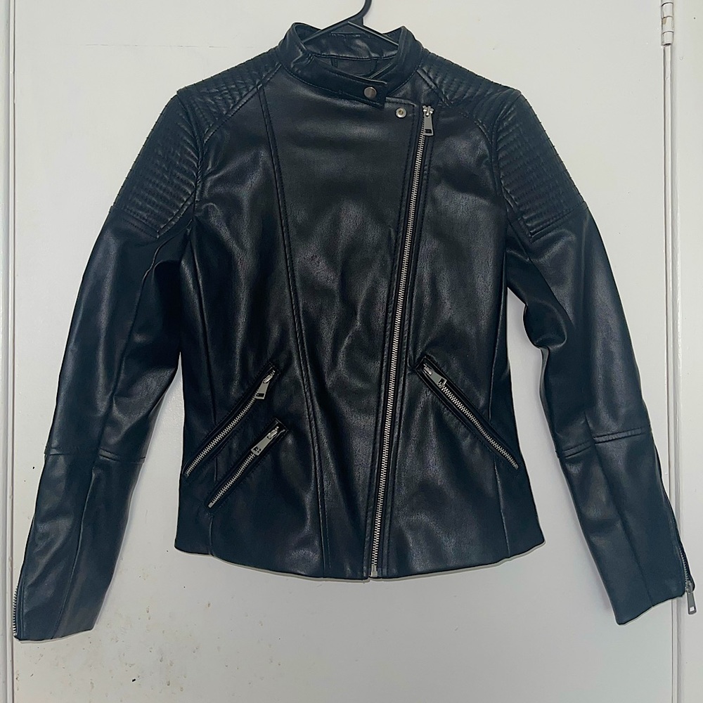 selling a black leather biker jackets from H&M